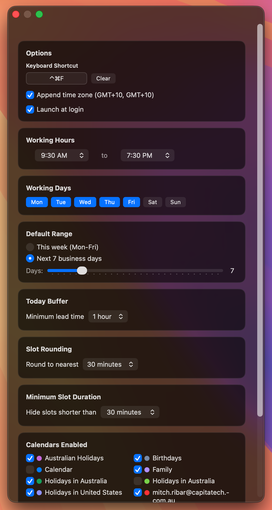 Availability Click settings window showing working hours, working days, default range, and enabled calendars
